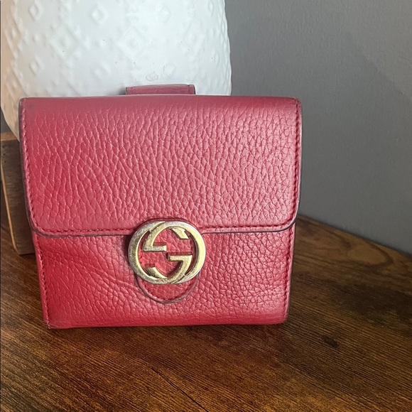 Gucci Handbags - Gucci Crimson Leather Wallet with Gold Emblem